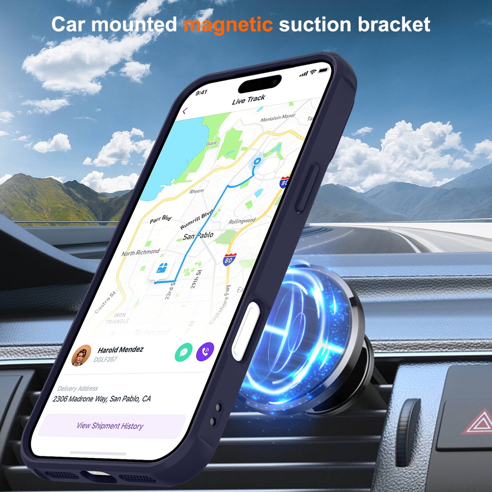 Car mounted magnetic suction bracket

9:41 Live Track

Manor Afentalen

Ta a Rhcem 8t Bld Blvd Parr Rumrill San Pablo

Rollingweed North Richmond

23rd Castro

IRON TRIANGLE / Richmond 80 St 291 E

Fw & St Eastshore

Harold Mendez

DGLF267

Delivery Address

2306 Madrone Way, San Pablo, CA

View Shipment History