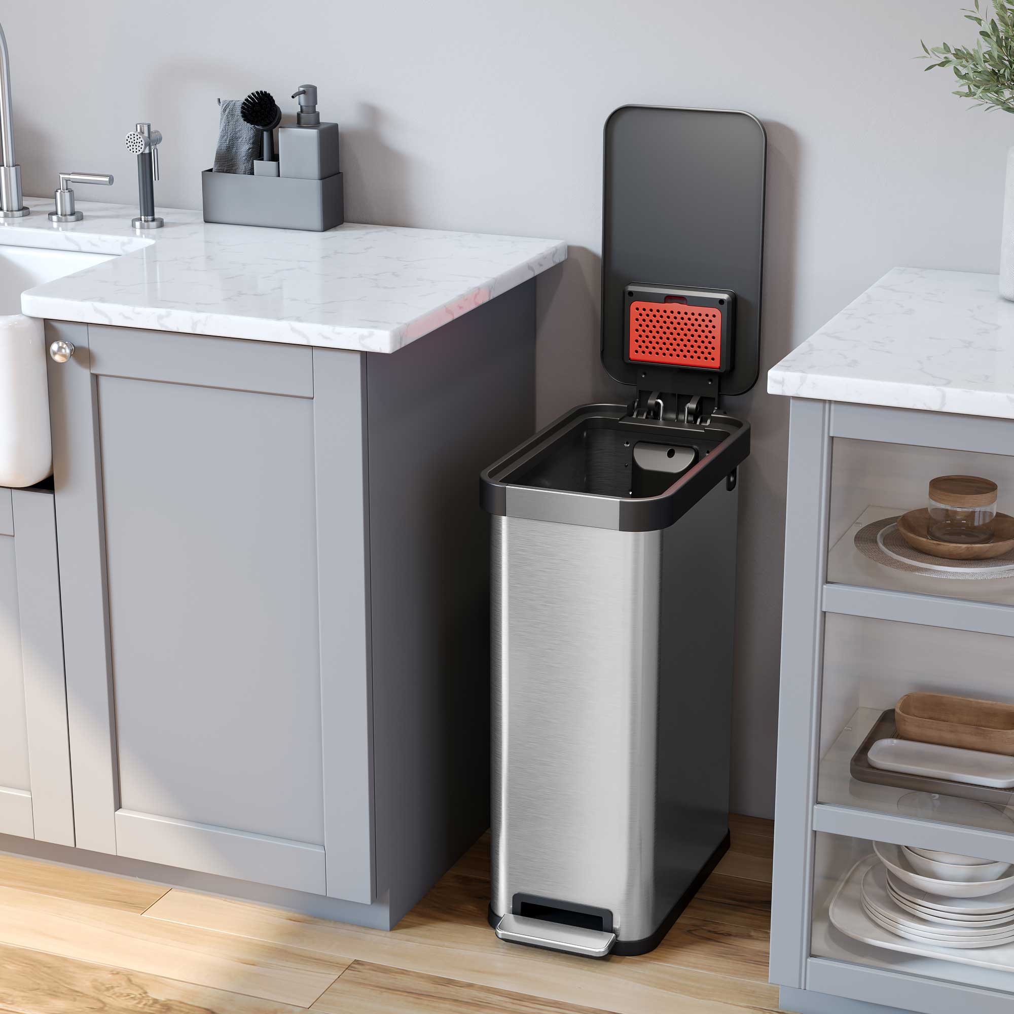 Angle. iTouchless - 13.2 Gallon Stainless Steel SoftStep Elongated Step Pedal Kitchen Trash Can with AbsorbX Odor Filter - Silver.