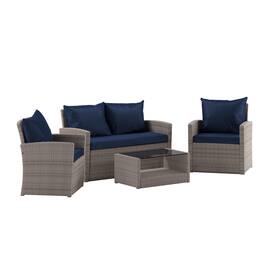 Emma + Oliver - 4 Piece Patio Set with Gray Back Pillows & Seat Cushions - Outdoor Seating - Navy Cushions/Light Gray Frame