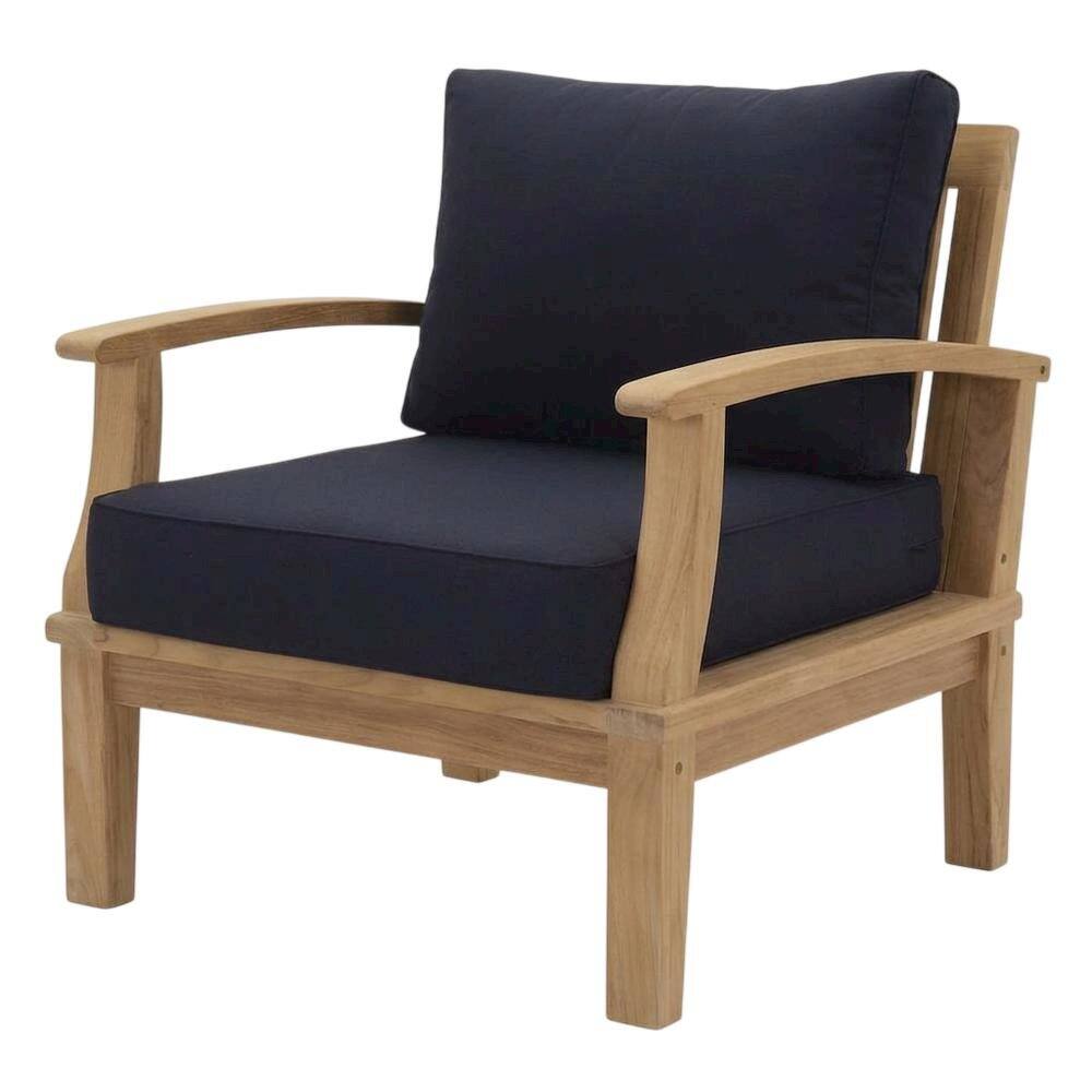 Left. Outdoor Escape - Teak Outdoor Patio Armchair with Cushioned Seat and Classic Design - Blue.