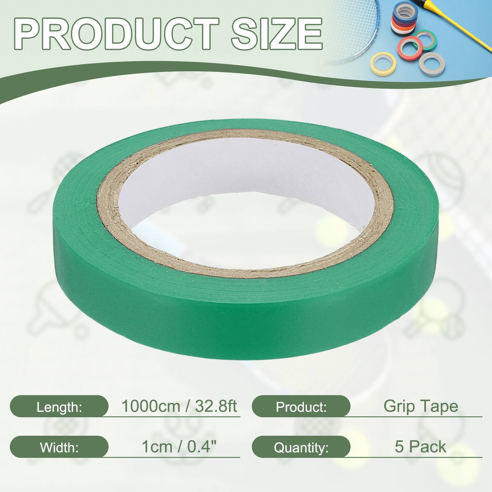 PRODUCT SIZE

Length: 1000cm / 32.8ft  
Width: 1cm / 0.4"  
Product: Grip Tape  
Quantity: 5 Pack