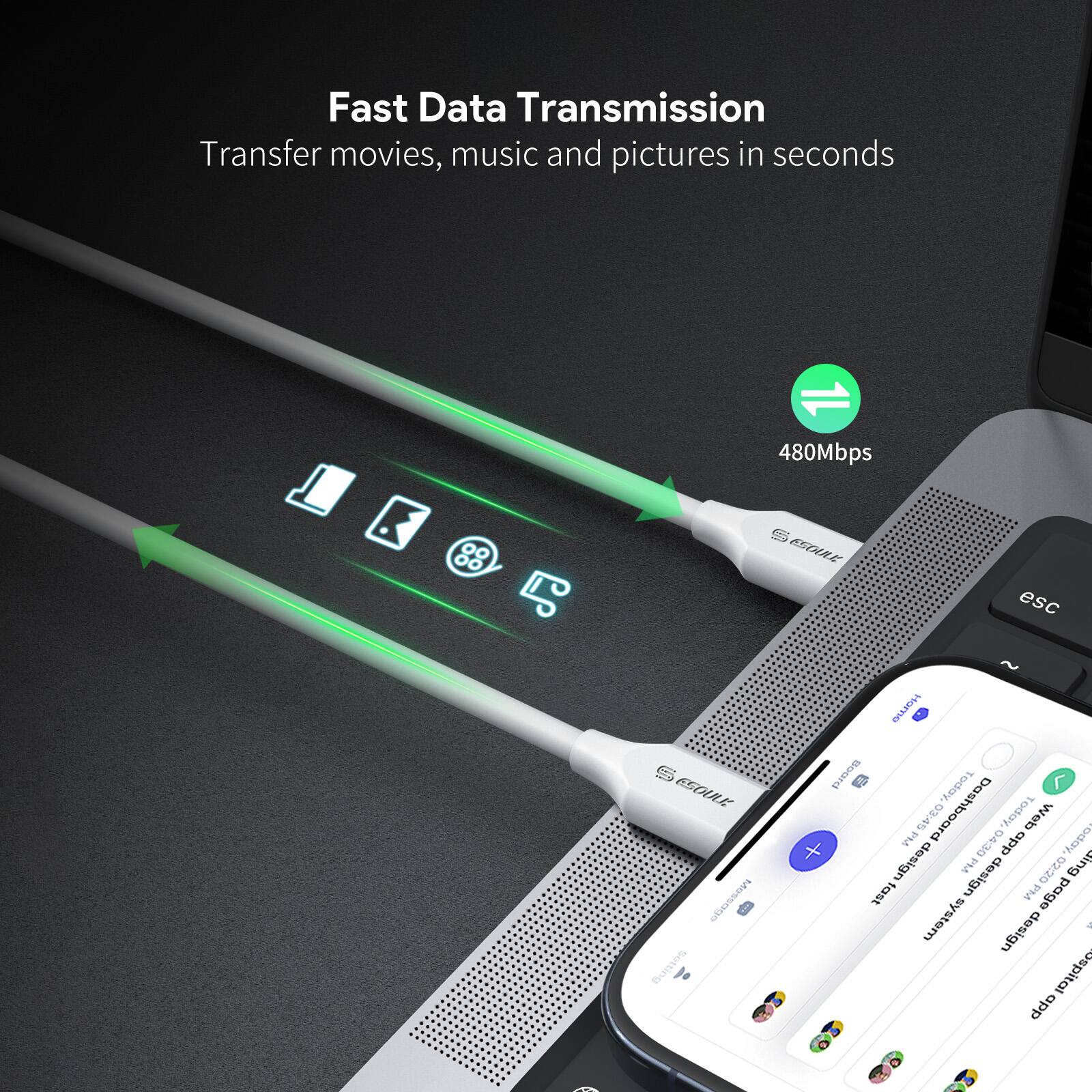 Fast Data Transmission  
Transfer movies, music and pictures in seconds  

480Mbps