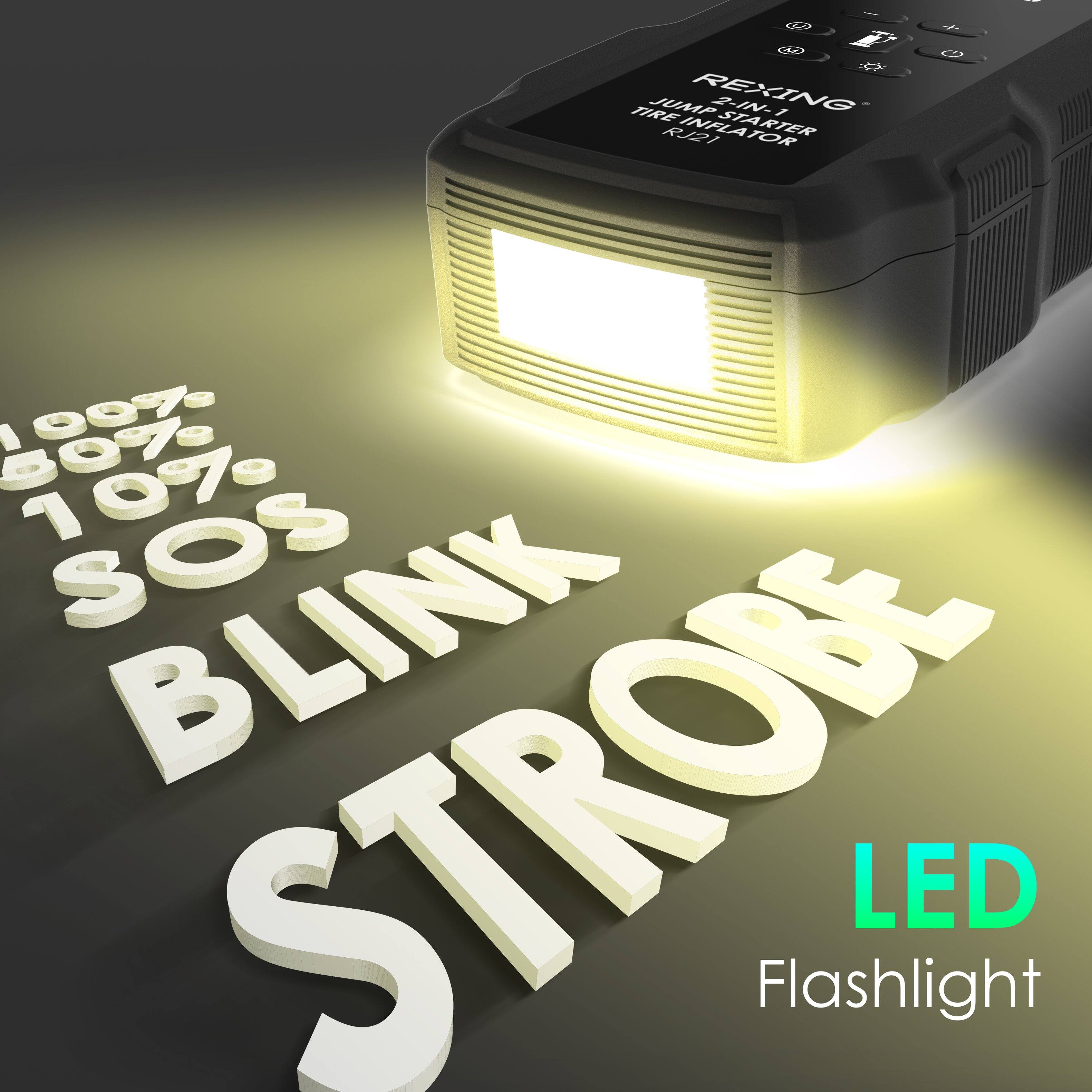 - 42 e TIRE JUMP REXING 2 2IN-1 STA RTER R2I INFLATOR
- 00% 50% 10% SOS BLINK STROBE Flashlight LED