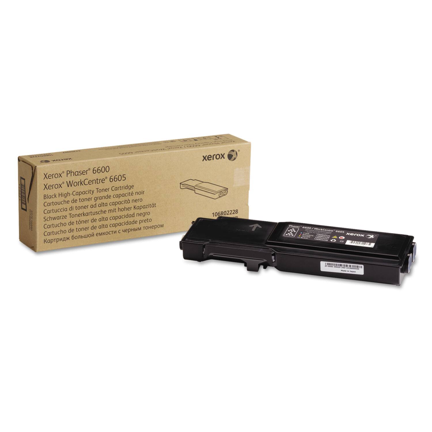 Xerox Phaser 6600  
Xerox WorkCentre 6605  
Black High-Capacity Toner Cartridge  
Cartouche de toner grande capacité noir  
Cartuccia di toner ad alta capacità nero  
Schwarze Tonerpatrone mit hoher Kapazität  
Cartucho de toner de alta capacidad negro  
Cartucho de toner de alta capacidad negro  
Картридж большой емкости с черным тонером  

106GR02228