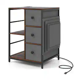WELLFOR - Industrial Nightstand with Charging Station and Open Shelves - Rustic Brown