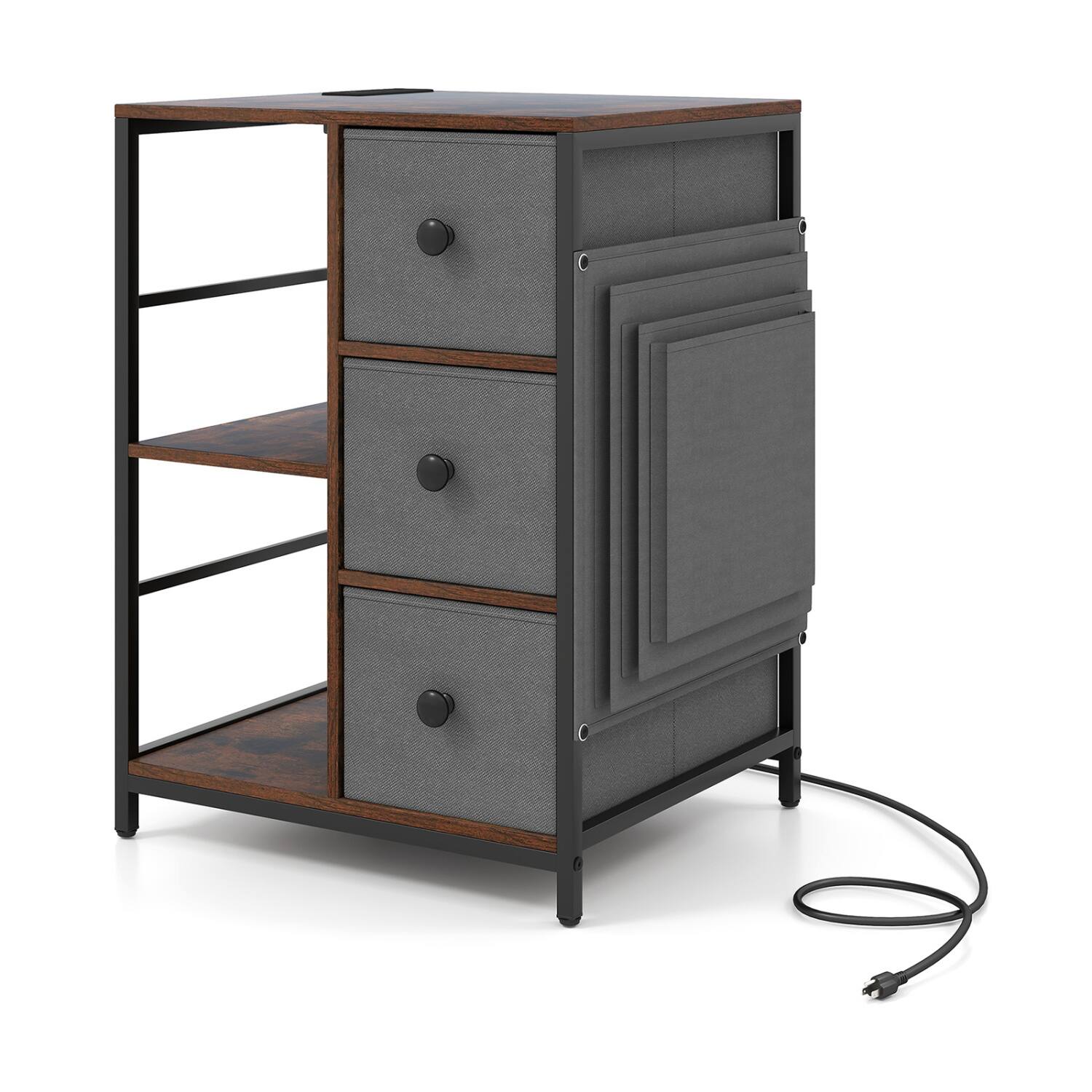 Front. WELLFOR - Industrial Nightstand with Charging Station and Open Shelves - Rustic Brown.