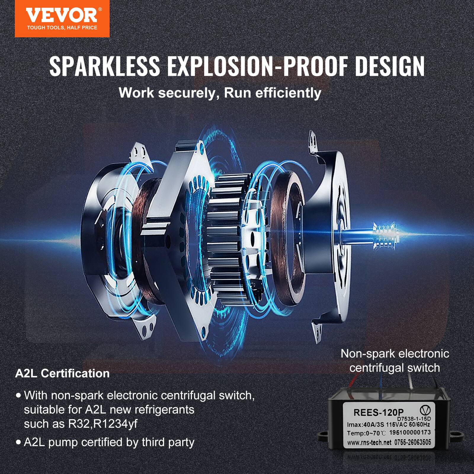 VEVOR TOUGH TOOLS, HALF PRICE SPARKLESS EXPLOSION-PROOF DESIGN  
Work securely, Run efficiently  

A2L Certification  
With non-spark electronic centrifugal switch, suitable for A2L new refrigerants such as R32, R1234yf  
A2L pump certified by third party  

REES-120P  
D7638-1-16D  
max: 40A/3S  
116VAC 50/60Hz  
Temp: 0~70°C  
196100000173  

www.rns-tech.net  
0755-26063505