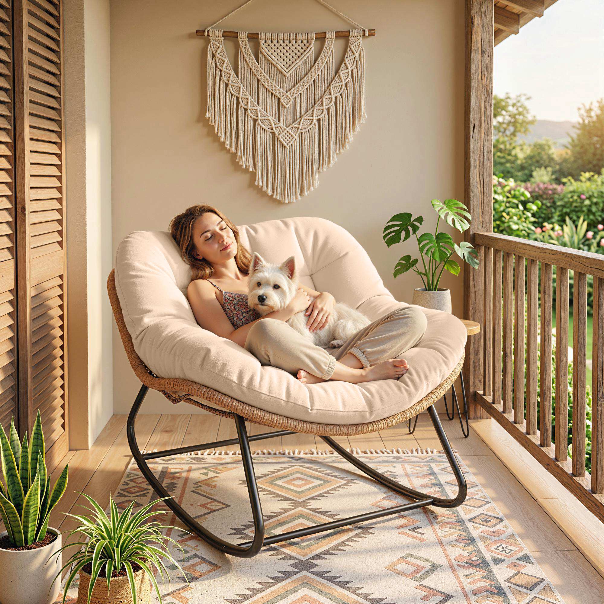 Alt View 8. Outsunny - Outdoor Papasan Rocking Chair, Oversized Rocking Egg Chair with Cushion for Garden, Patio - Cream White.