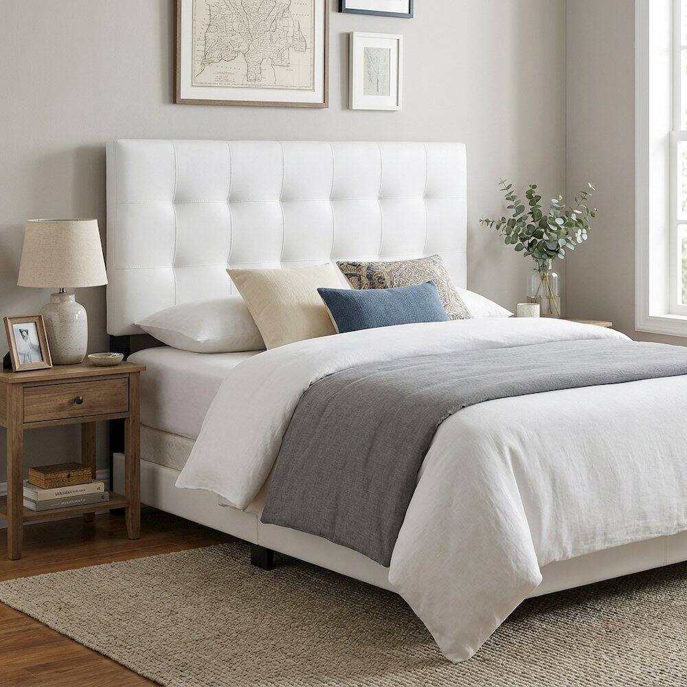 Left. FurniFact - Upholstered Vinyl King Headboard with Padded Design and Durable Finish - White.