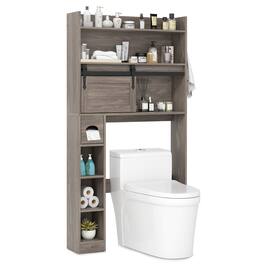 Gymax - Over The Toilet Storage Cabinet w/ Sliding Barn Door Adjustable Shelves 2 Hooks Grey - Gray