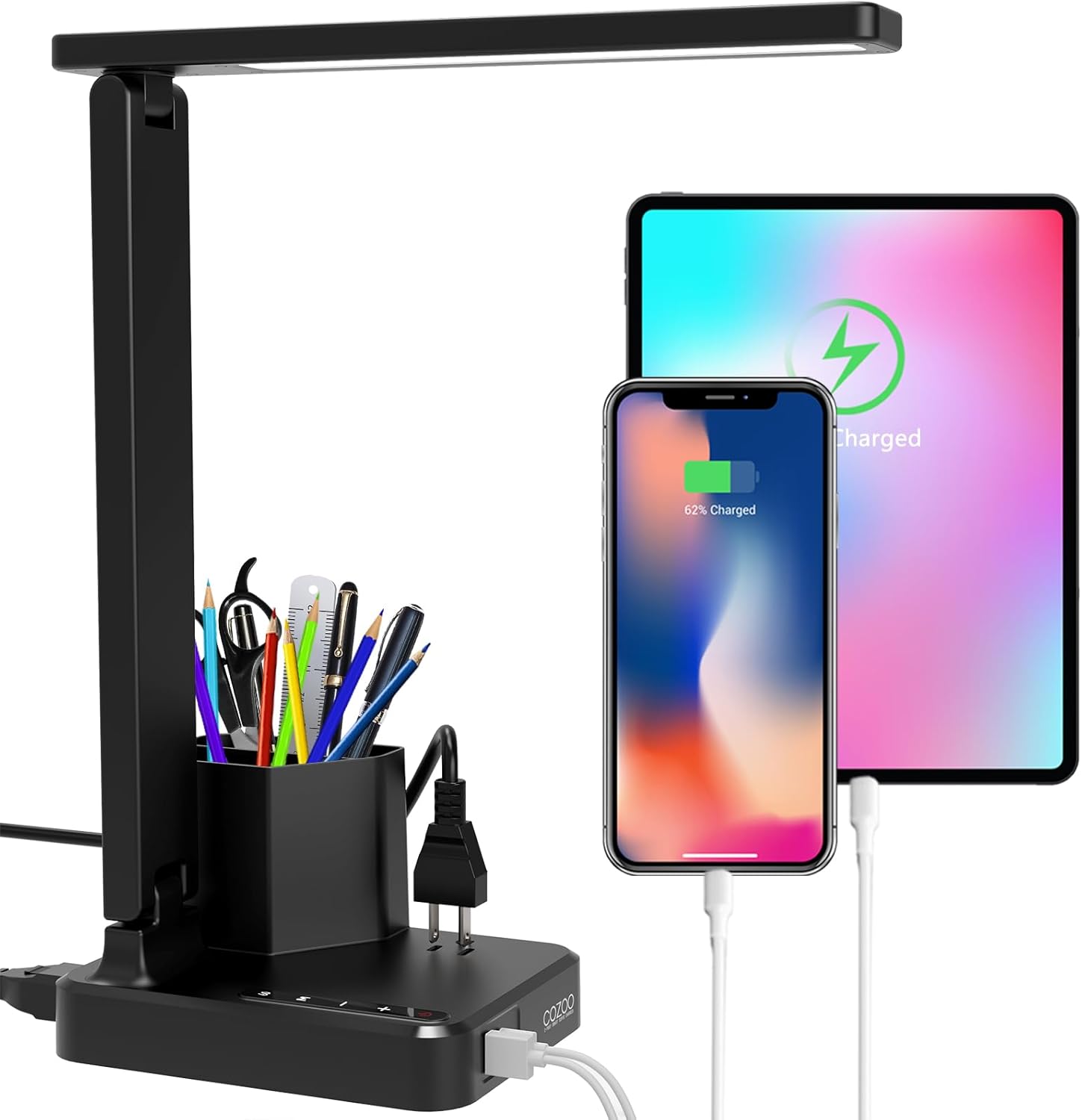 Stamp n Camp - Desk Lamp Desk Lamps for Home Office COZOO LED Desk Lamp with 2 USB Charging Ports 2 Pen Holders 1 Outlet 3 Color 3 - Black/2 Pen Holders/2 USB A+C/Outlets
