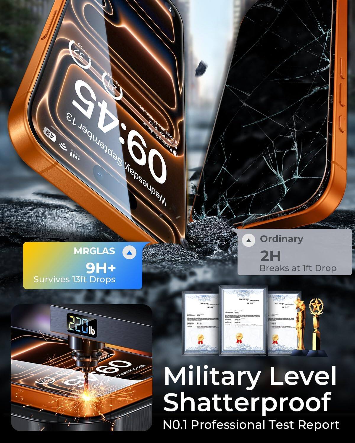 MRGLAS 9H+ Survives 13ft Drops  
Ordinary 2H Breaks at 1ft Drop  

Military Level Shatterproof NO.1 Professional Test Report