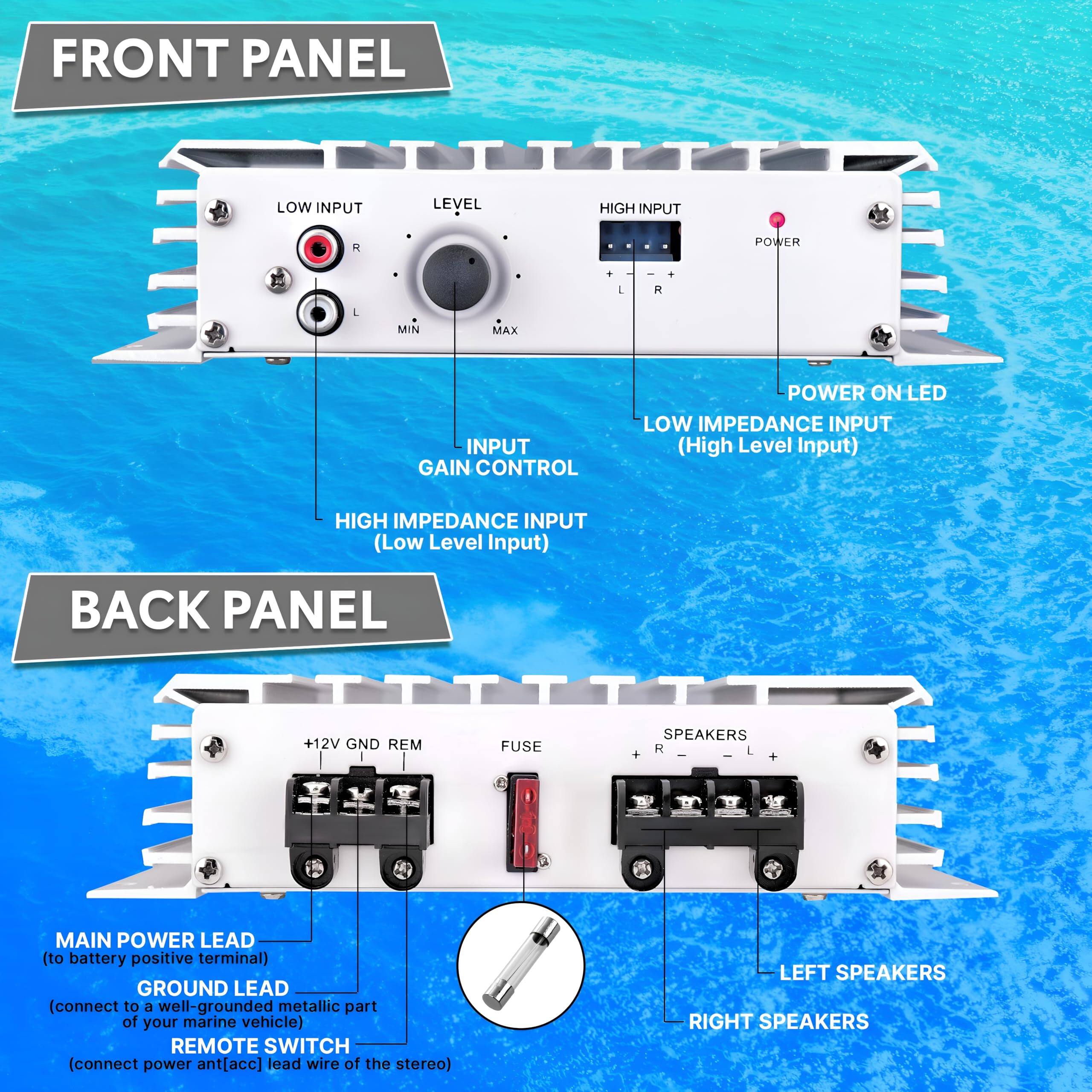 FRONT PANEL

- LOW INPUT
- LEVEL
  - MIN
  - MAX
- HIGH INPUT
- POWER
- POWER ON LED
- INPUT GAIN CONTROL
- LOW IMPEDANCE INPUT (High Level Input)
- HIGH IMPEDANCE INPUT (Low Level Input)

BACK PANEL

- +12V GND REM
- FUSE
- SPEAKERS
  - LEFT SPEAKERS
  - RIGHT SPEAKERS
- MAIN POWER LEAD (to battery positive terminal)
- GROUND LEAD (connect to a well-grounded metallic part of your marine vehicle)
- REMOTE SWITCH (connect power antenna lead wire of the stereo)
