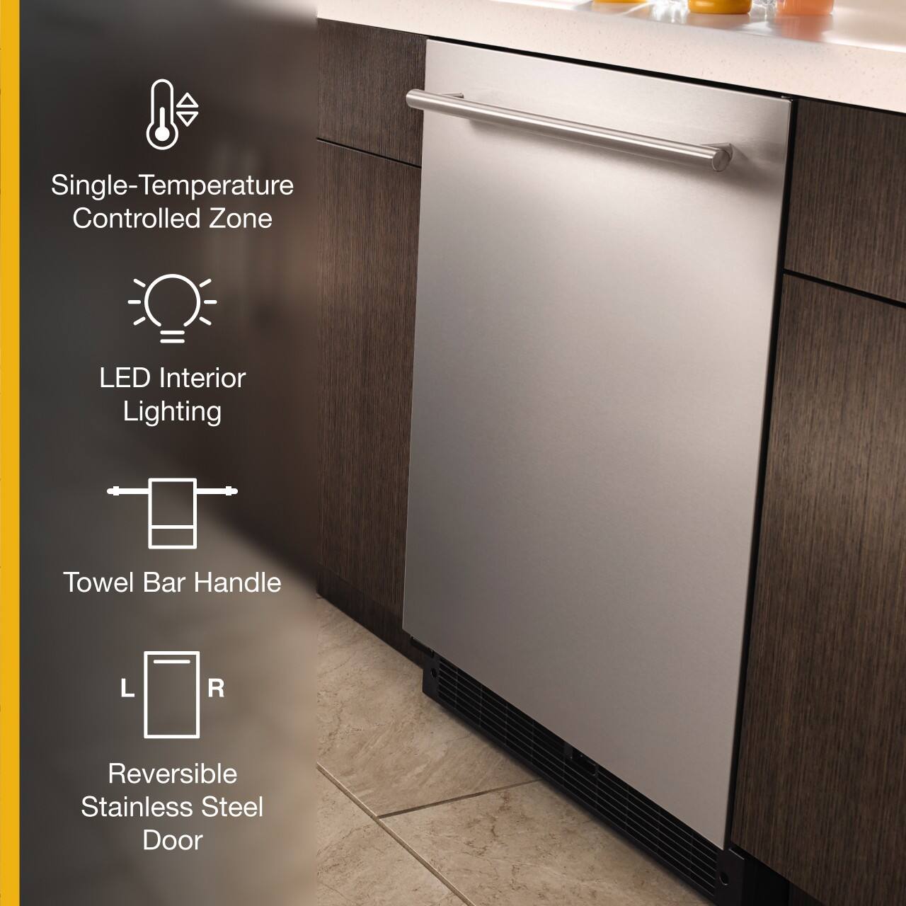 - Single-Temperature Controlled Zone
- LED Interior Lighting
- Towel Bar Handle
- Reversible Stainless Steel Door