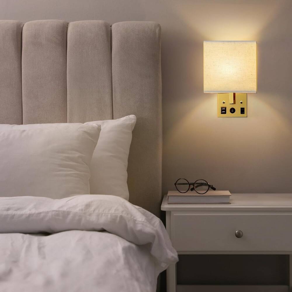 Alt View 4. Oumilen - 2 Pack Plug-in Wall Sconce – Gold Plated Lamp with Beige Linen Shade & USB Ports.