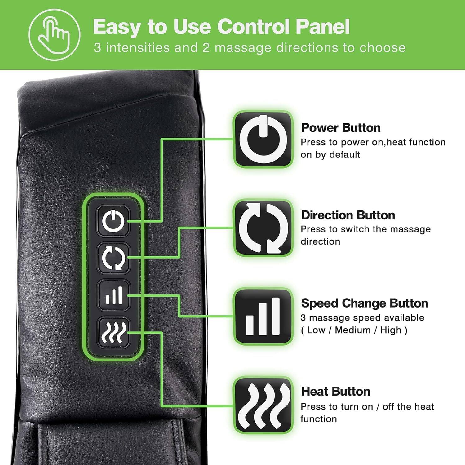 Easy to Use Control Panel  
3 intensities and 2 massage directions to choose

- Power Button  
  Press to power on, heat function on by default

- Direction Button  
  Press to switch the massage direction

- Speed Change Button  
  3 massage speeds available (Low / Medium / High)

- Heat Button  
  Press to turn on / off the heat function