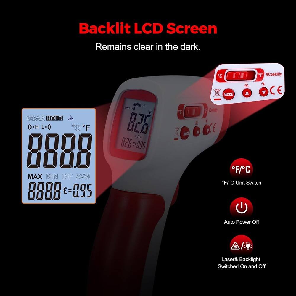 Backlit LCD Screen  
Remains clear in the dark.

SCAN HOLD  
°C °F  
MAX MIN DIF AVG  
8888  
ε=0.95

F/C Unit Switch  
Auto Power Off  
Laser& Backlight Switched On and Off
