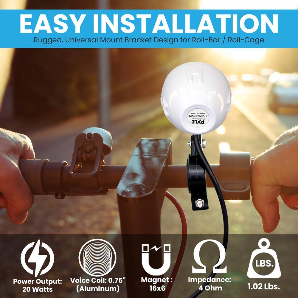 EASY INSTALLATION  
Rugged, Universal Mount Bracket Design for Roll-Bar / Roll-Cage  

PLME22WT  

Power Output: 20 Watts  
Voice Coil: 0.75" (Aluminum)  
Magnet: 16x6  
Impedance: 4 Ohm  
Weight: 1.02 Lbs.