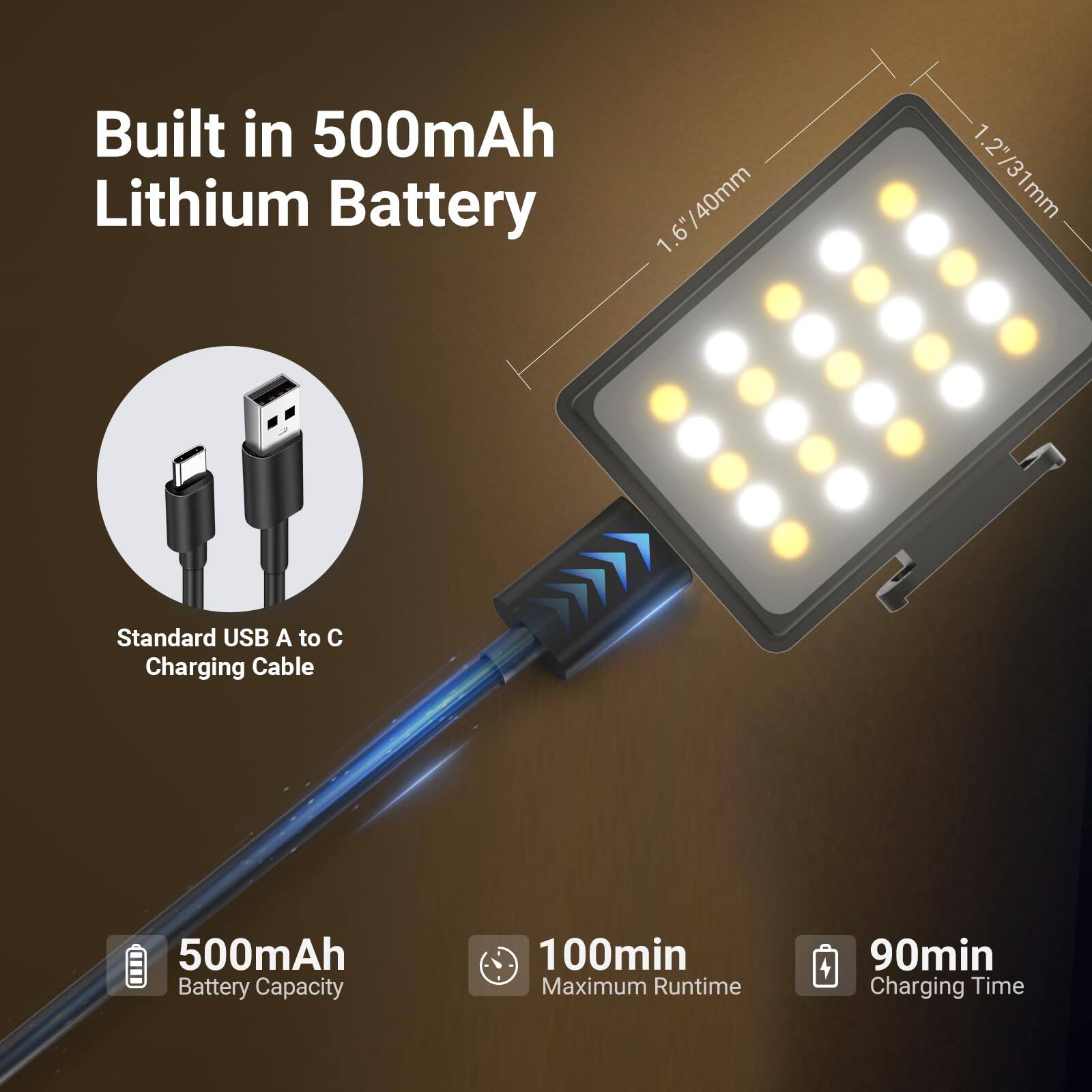Built in 500mAh Lithium Battery  
1.6"/40mm  
2" 1.2"/31mm  
Standard USB A to C Charging Cable  
500mAh Battery Capacity  
100min Maximum Runtime  
90min Charging Time