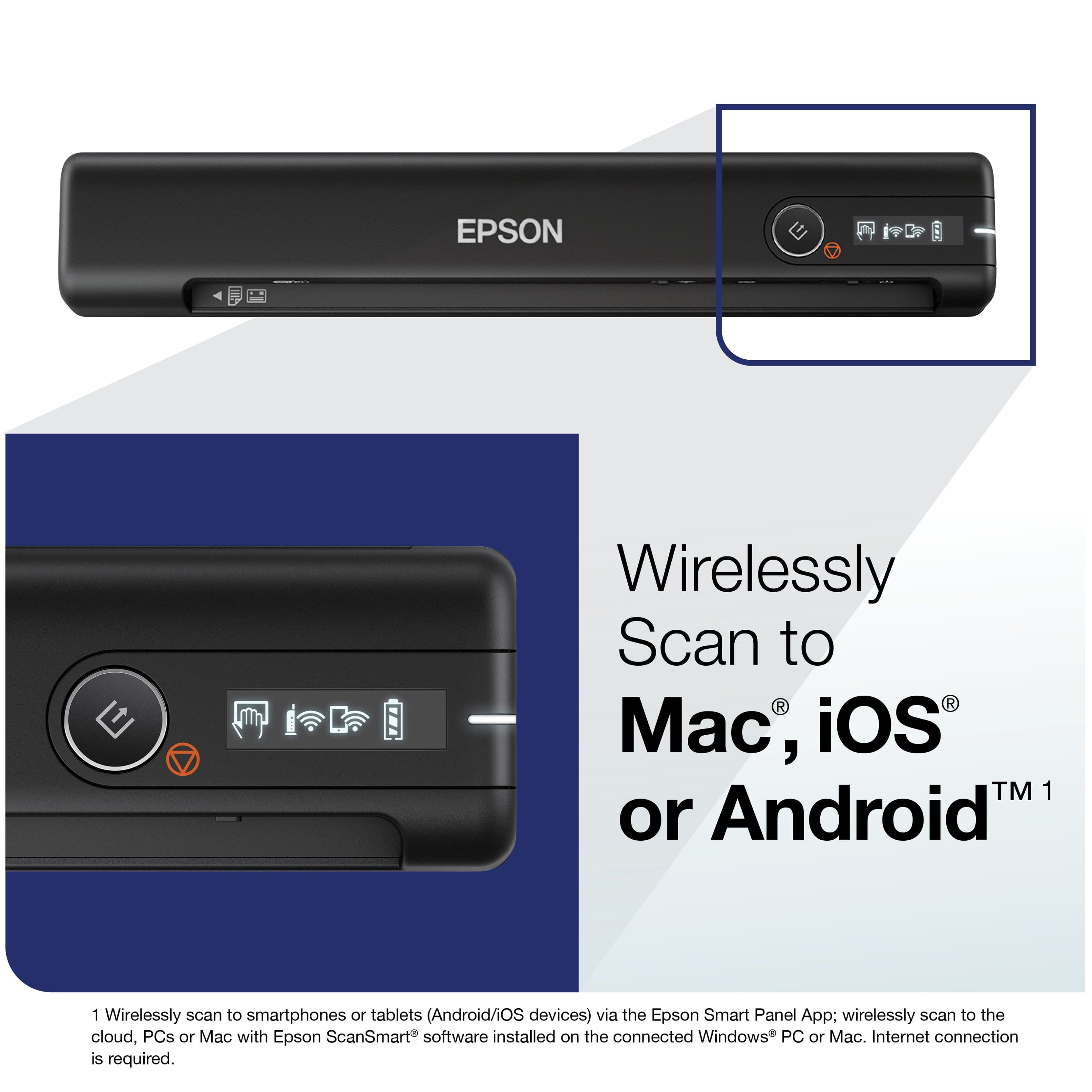 EPSON i Wirelessly Scan to Mac, iOS TM 1 or Android 1 Wirelessly scan to smartphones or tablets (Android/iOS devices) via the Epson Smart Panel App: wirelessly scan to the cloud, PCs or Mac with Epson ScanSmart software installed on the connected Windows PC or Mac. Internet connection is required.