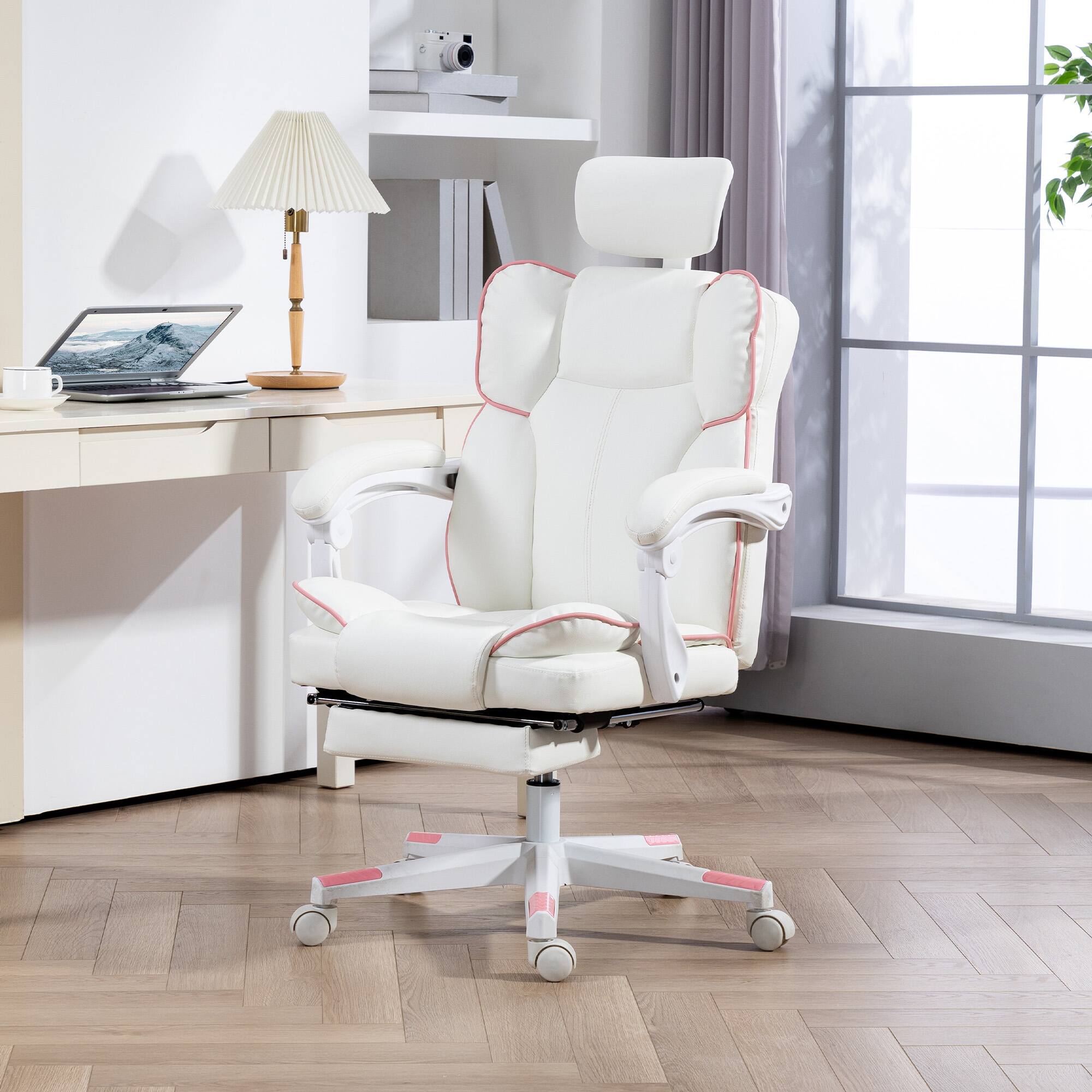 Alt View 1. Homcom - Executive Office Chair, Overstuffed PU Leather Reclining Computer Chair with Foot Rest, Headrest - White.