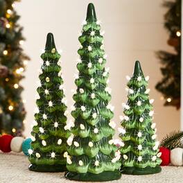Best Choice Products - Set of 3 Pre-Lit Hand-Painted Ceramic Tabletop Christmas Trees w/ Warm White Bulbs - Green - Green w/ Warm White Lights