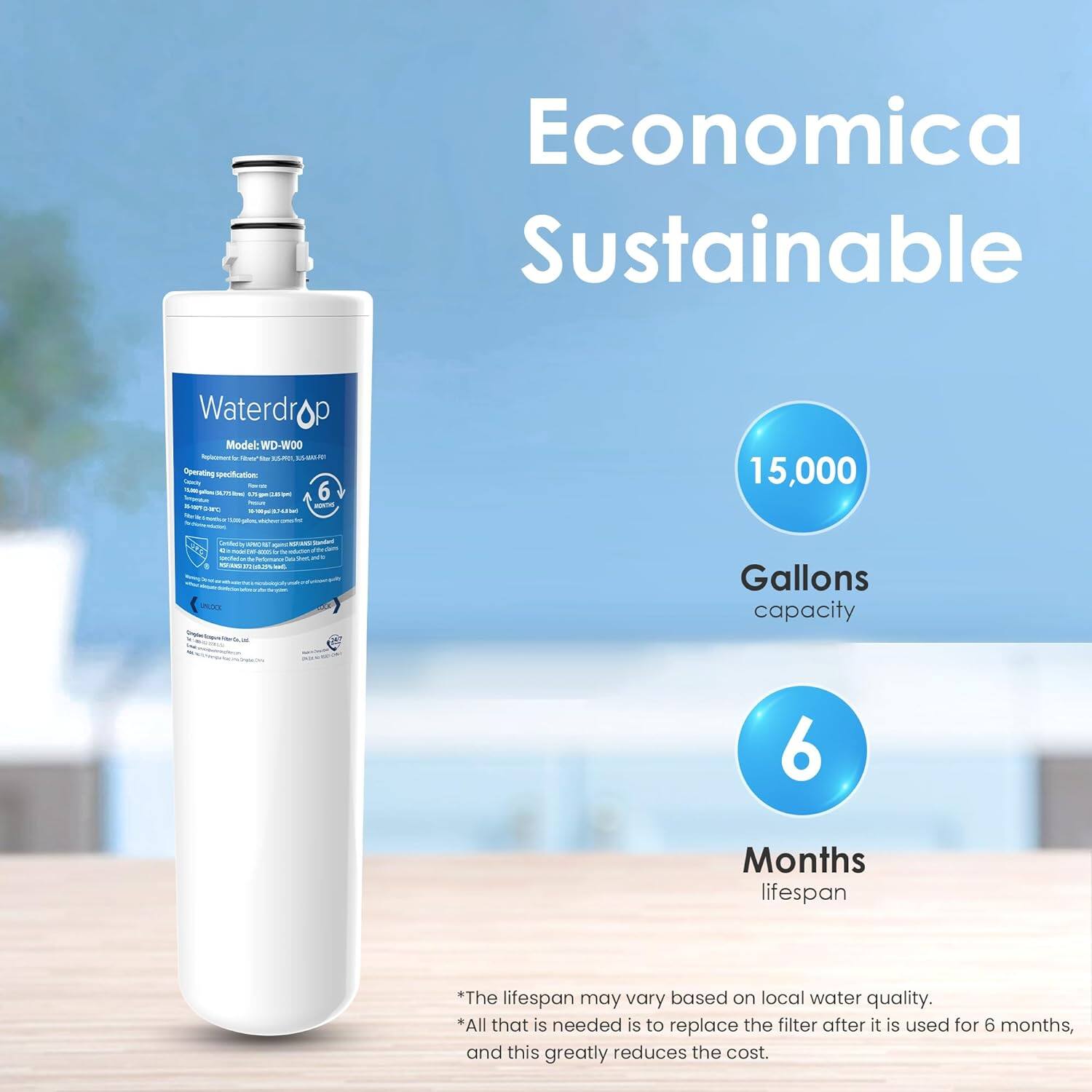 Economica Sustainable Waterdrop Model: WD-WOO - Operating specification: 15,000 Gallons capacity 6 Months lifespan *The lifespan may vary based on local water quality. *All that is needed is to replace the filter after it is used for 6 months, and this greatly reduces the cost.