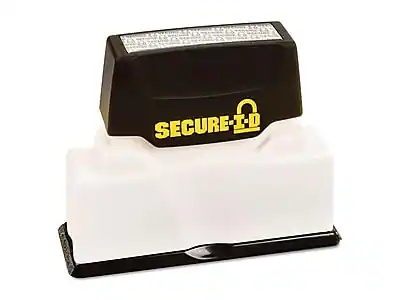 Front. Cosco - Cosco Secure-I-D Security Tint Rectangle Pre-inked Stamp, Black Ink, 1 5/8" x 2 5/8" (034590) - Blue and Red.
