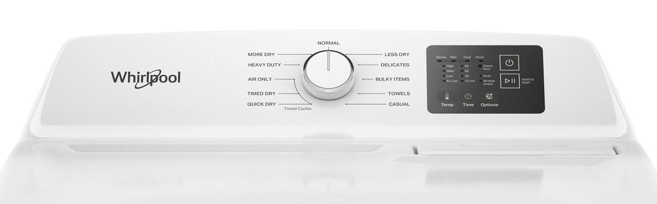 Whirlpool

NORMAL
- MORE DRY
- HEAVY DUTY
- AIR ONLY
- TIMED DRY
- QUICK DRY (Timed Cycles)
- LESS DRY
- DELICATES
- BULKY ITEMS
- TOWELS
- CASUAL

Temp
Time
Options

Energy
- High
- Medium
- Low
- Ex-Low

Cool
- 80
- 60
- 40

Done
- Check
- Whirl
- Mute
- Assist

Hold for Start

Temp
Time
Options