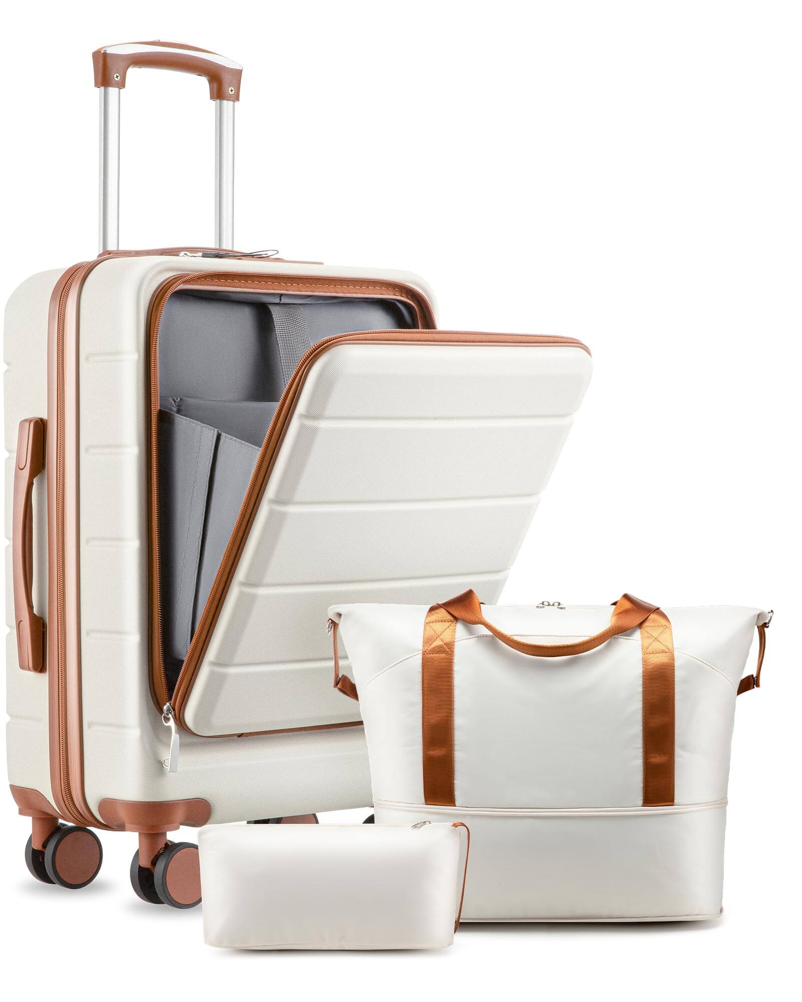 Front. DORLUKFU - Carry On Luggage 22 x 14 x 9 Airline Approved, H1F Front Pocket Hardside Suitcase with Spinner Wheels, TSA Lock, - Beige.