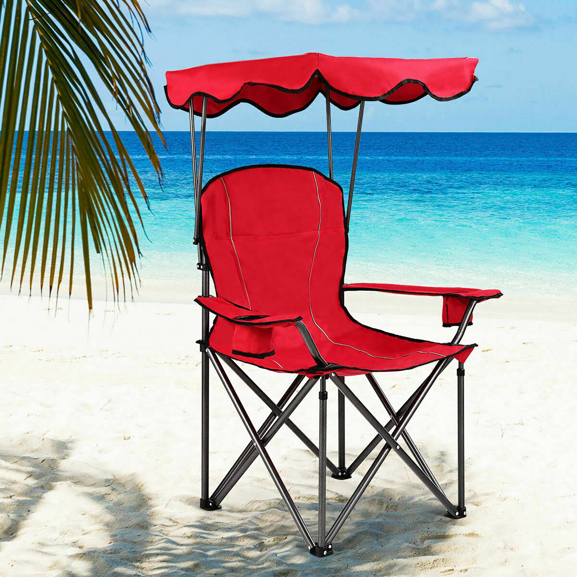 Alt View 3. Costway - Costway Portable Folding Beach Canopy Chair W/ Cup Holders Bag Camping Hiking Outdoor - Red.