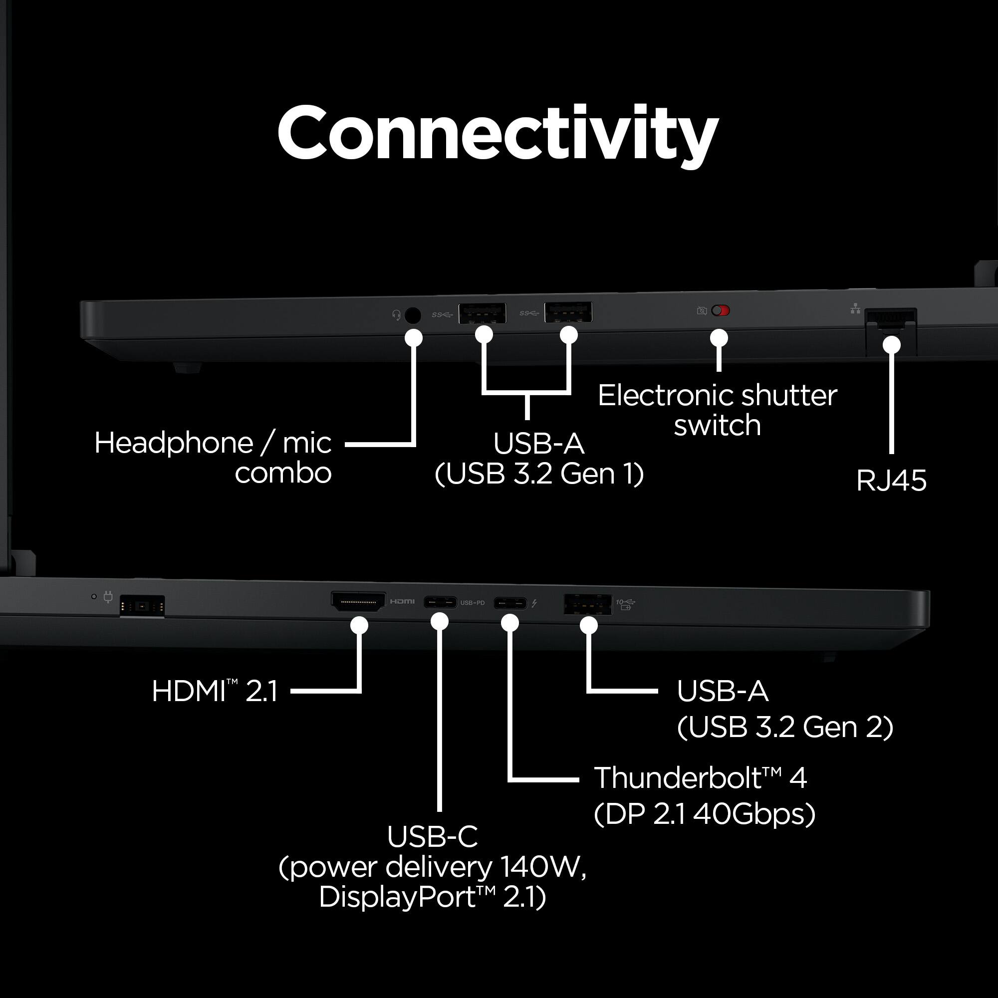 Connectivity

- Headphone / mic combo
- USB-A (USB 3.2 Gen 1)
- Electronic shutter switch
- RJ45
- HDMI 2.1
- USB-A (USB 3.2 Gen 2)
- Thunderbolt 4 (DP 2.1 40Gbps)
- USB-C (power delivery 140W, DisplayPort™ 2.1)