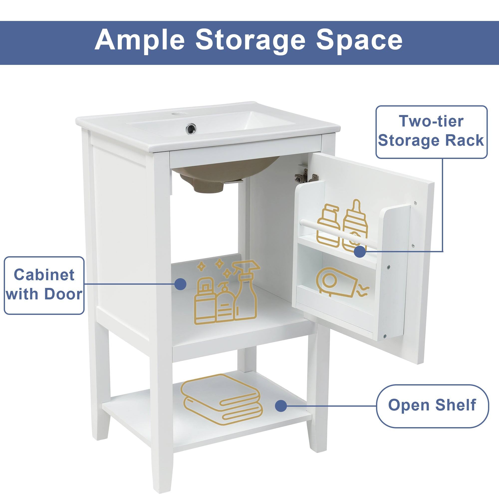 Ample Storage Space

- Cabinet with Door
- Two-tier Storage Rack
- Open Shelf