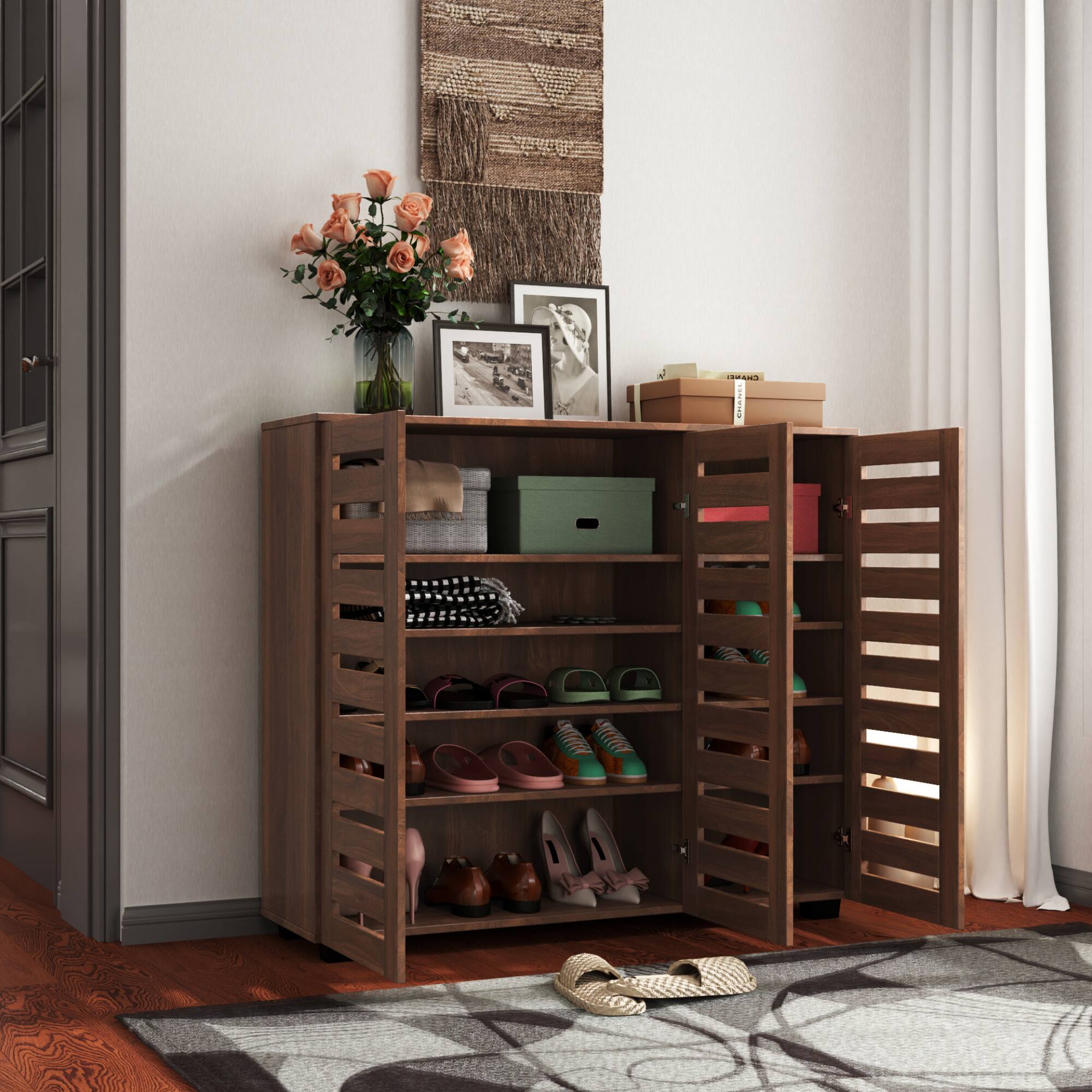 Left. GOODSILO - 5-Tier Adjustable Shoe Storage Cabinet with Louvered Doors for Entryway Hallway Bedroom Closet Living Room - Walnut.