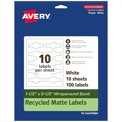 Go to avery.com/templates
AVERY
Use Avery Template Presta 94122
Labels made with 100% recycled paper
Labels and packaging are recyclable
Recycling compatible adhesive
Paper processed chlorine free
Label sheet printed with soy-based inks
10 labels per sheet
White
10 sheets
100 labels
1-1/2" x 3-1/2" Wraparound Band
Recycled Matte Labels for Laser/Inkjet