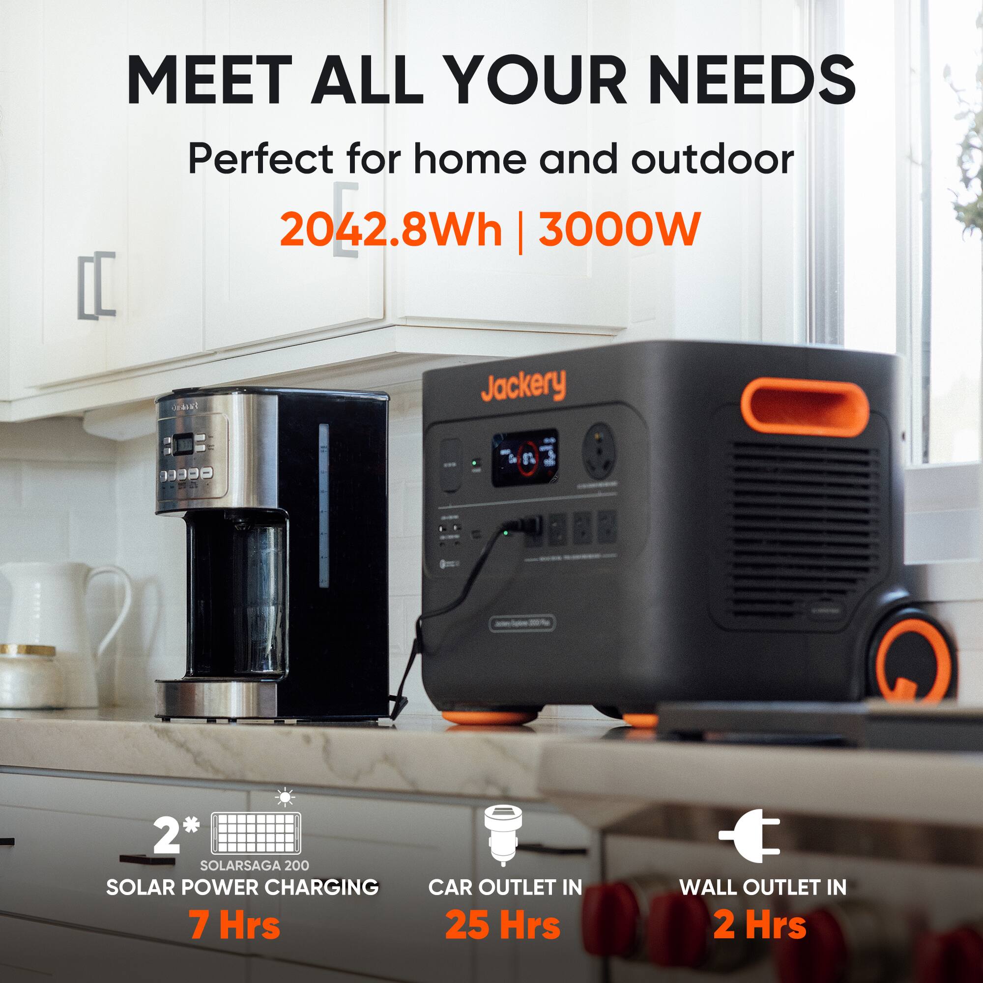 MEET ALL YOUR NEEDS  
Perfect for home and outdoor  
2042.8Wh | 3000W  

2* SOLARSAGA 200  
SOLAR POWER CHARGING  
7 Hrs  

CAR OUTLET IN  
25 Hrs  

WALL OUTLET IN  
2 Hrs