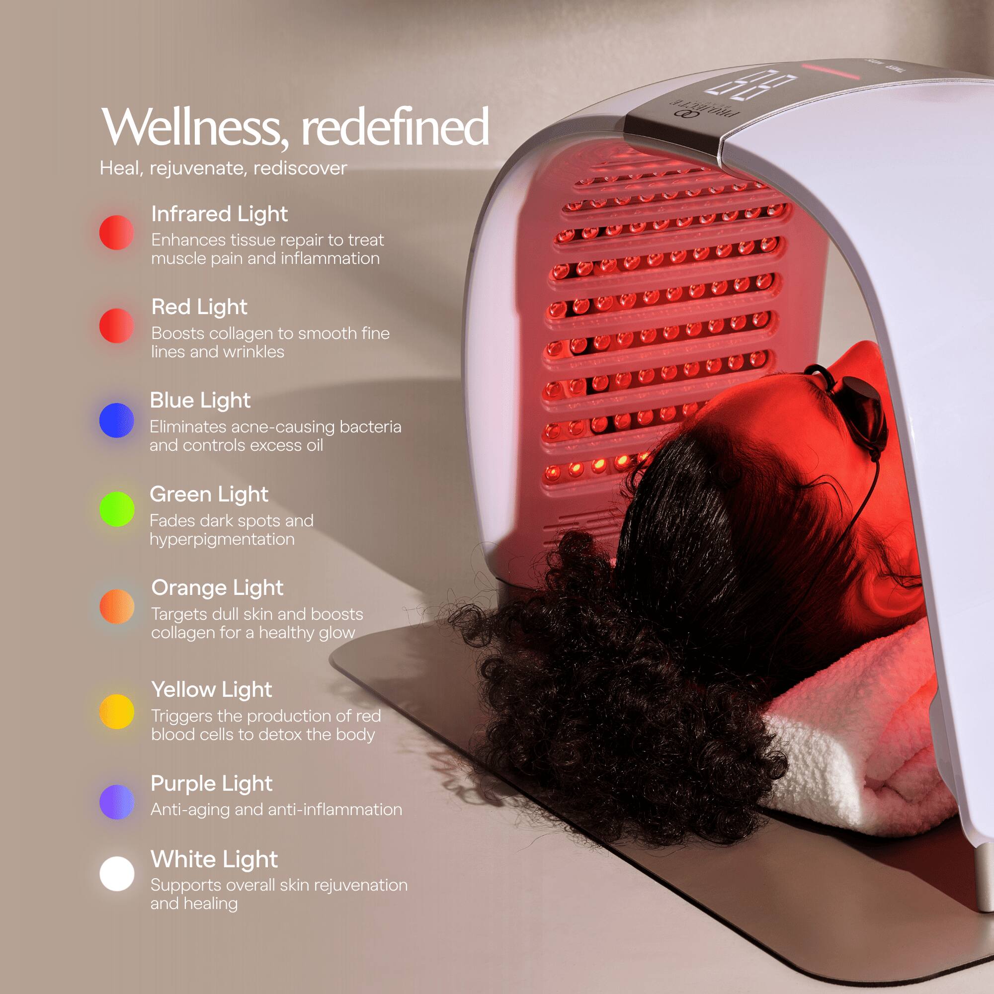 Wellness, redefined  
Heal, rejuvenate, rediscover  

PROJECTE 00 86  

Infrared Light  
Enhances tissue repair to treat muscle pain and inflammation  

Red Light  
Boosts collagen to smooth fine lines and wrinkles  

Blue Light  
Eliminates acne-causing bacteria and controls excess oil  

Green Light  
Fades dark spots and hyperpigmentation  

Orange Light  
Targets dull skin and boosts collagen for a healthy glow  

Yellow Light  
Triggers the production of red blood cells to detox the body  

Purple Light  
Anti-aging and anti-inflammation  

White Light  
Supports overall skin rejuvenation and healing