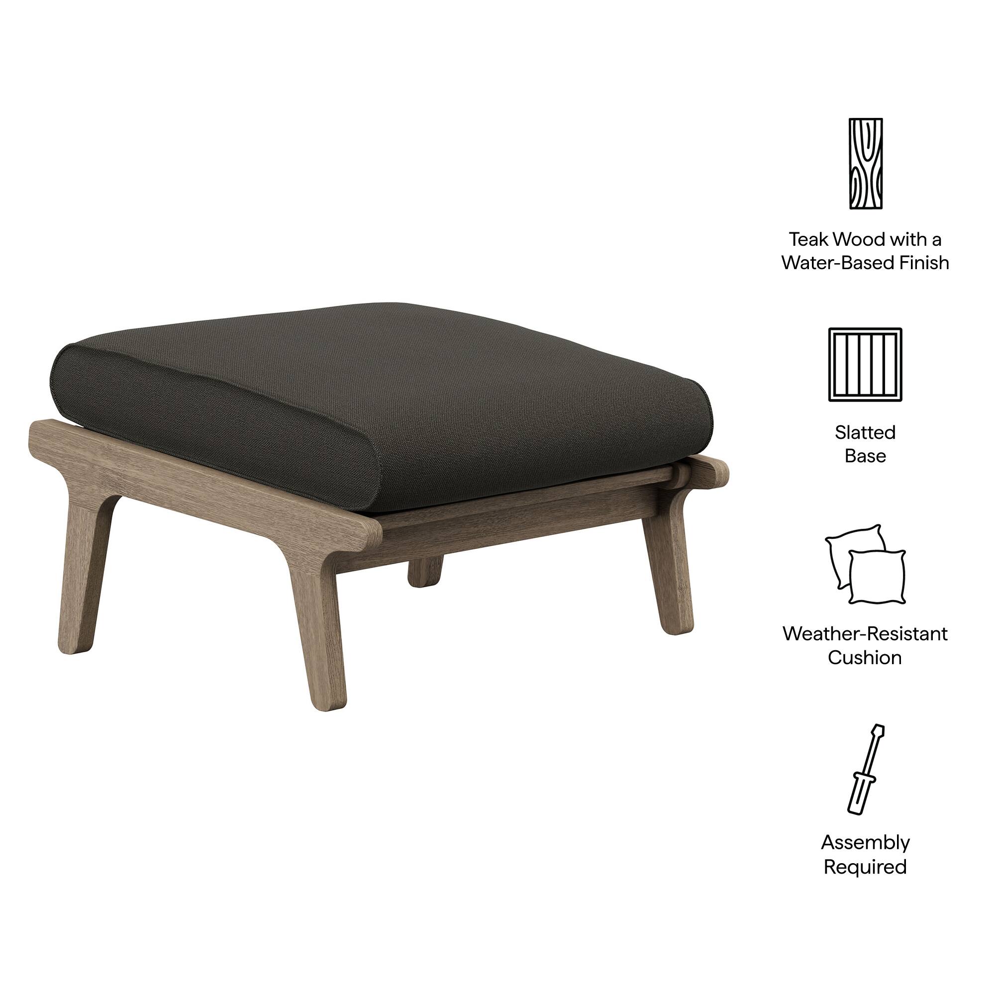Teak Wood with a Water-Based Finish  
Slatted Base  
Weather-Resistant Cushion  
Assembly Required