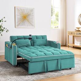 Tiramisubest - Modern Velvet Versatile Foldable Sofa Bed in 3 Lengths,Adjustable Back w/ USB Port,Ashtray & Swivel Phone Stand (Green) - Antique blue green