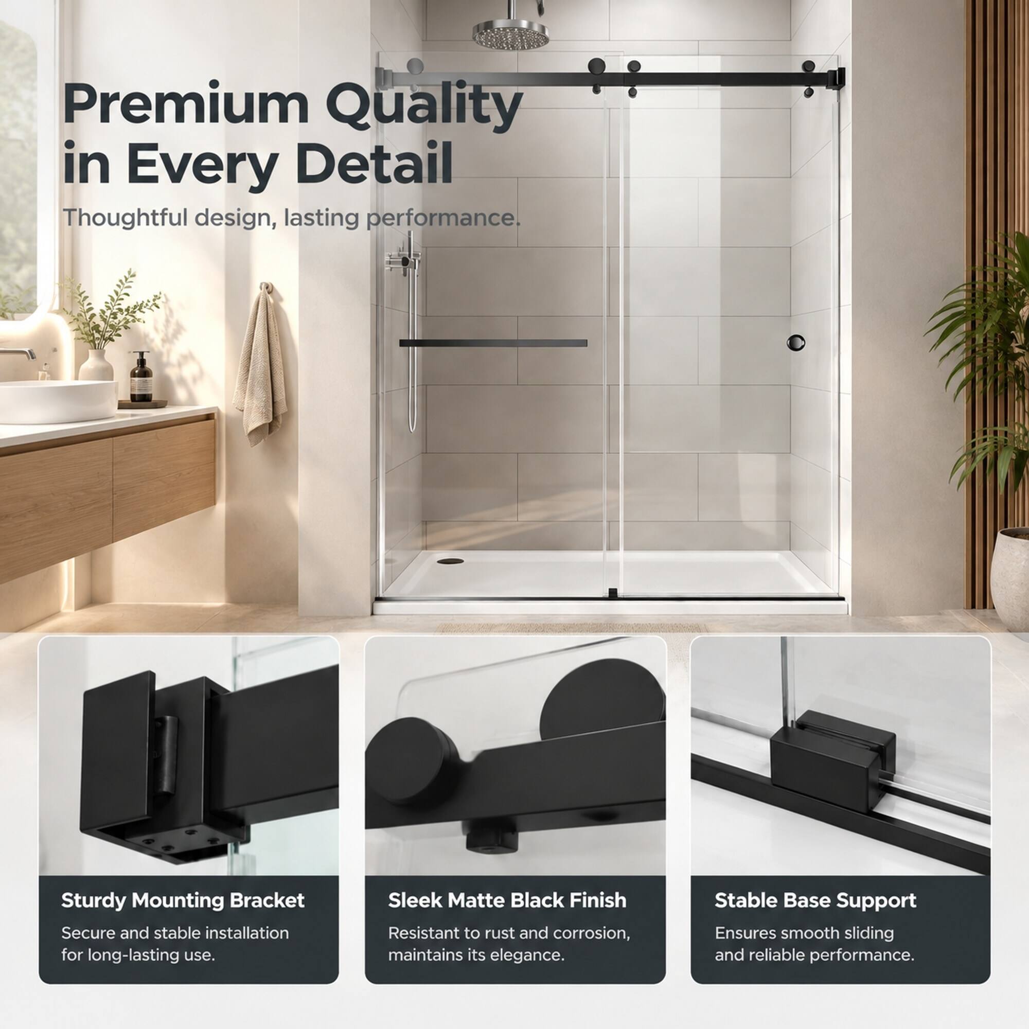 Premium Quality in Every Detail  
Thoughtful design, lasting performance.  

Sturdy Mounting Bracket  
Secure and stable installation for long-lasting use.  

Sleek Matte Black Finish  
Resistant to rust and corrosion, maintains its elegance.  

Stable Base Support  
Ensures smooth sliding and reliable performance.
