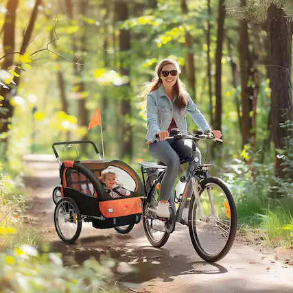 Front. Resenkos - 2-Seat 360° Swivel Kids Bike Trailer, Cargo Cart with Water-Resistant Windows, Black and Orange.