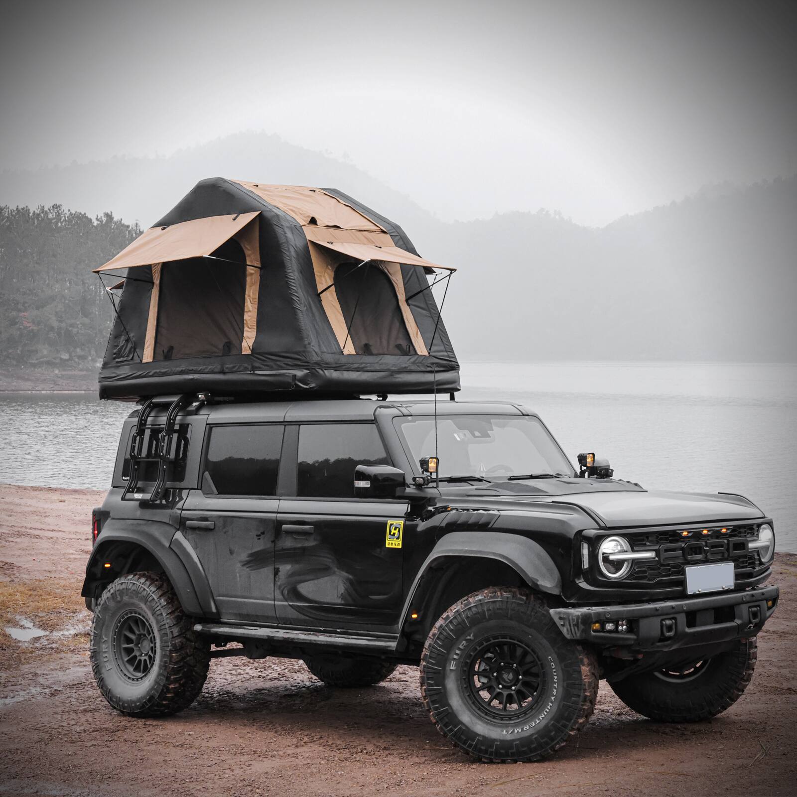 APRILSOUL - Foldable 2 3 People Amphibious Inflatable Car Roof Top Tent SUV Truck No Ladder Two tone Khaki Black - Yellow
