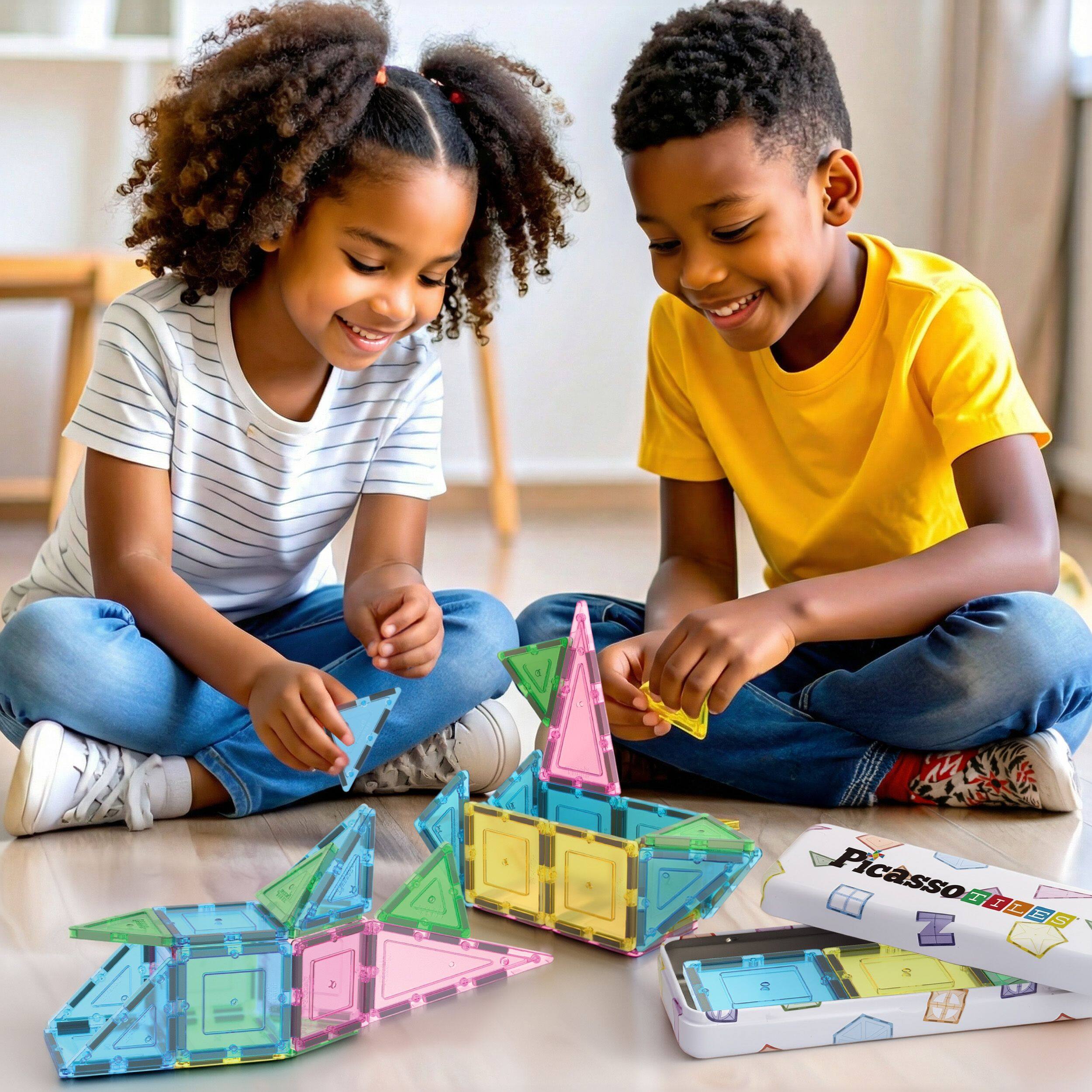Alt View 1. PicassoTiles - Magnetic Tiles Building Blocks Set for Kids with Tin Storage Travel Case, 20pc STEM Educational Construction Toy.