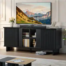 Bestier - Modern Mid-Century 58" TV Stand for TVs up to 65", 4-Door Fluted Media Console with Sliding Doors - Black
