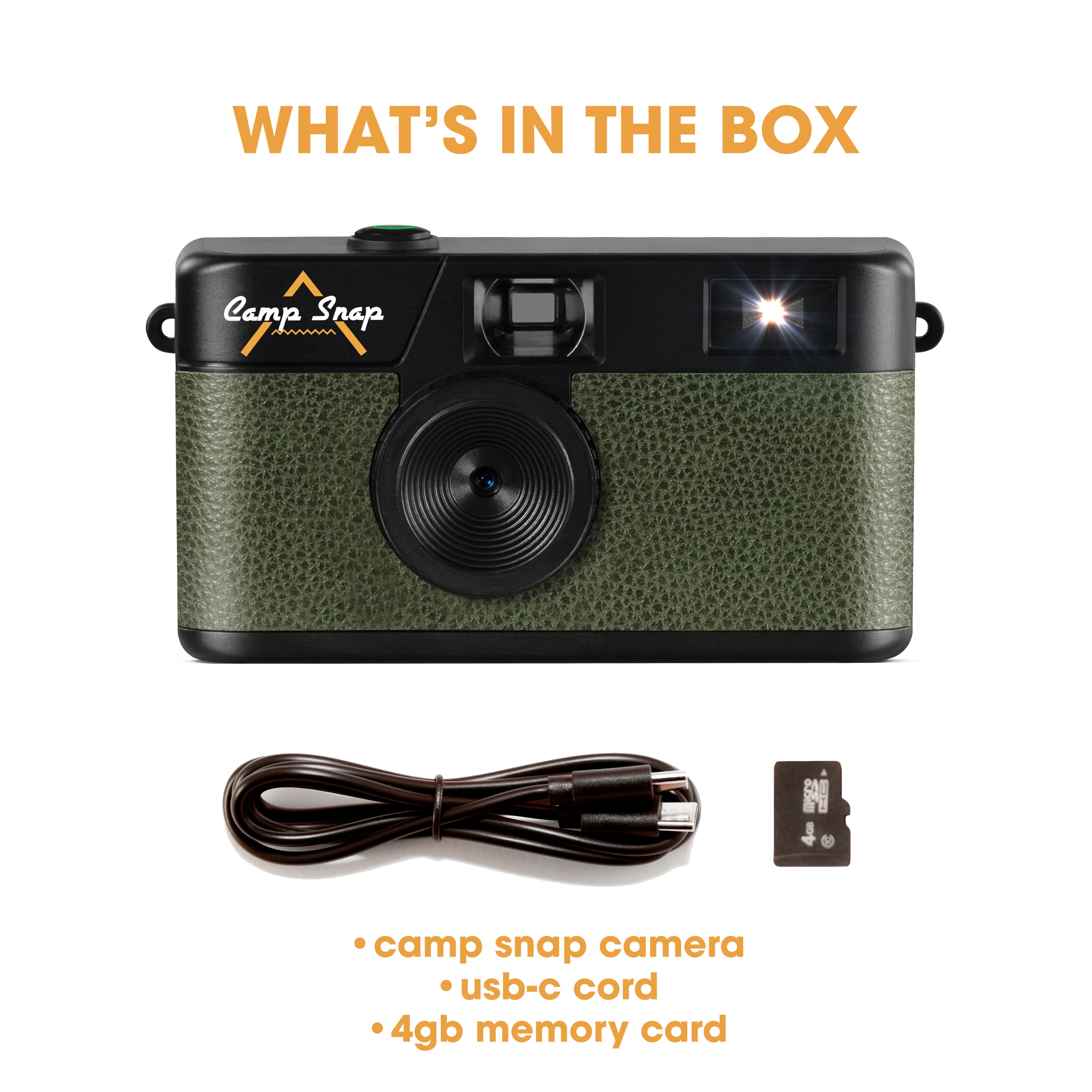 WHAT'S IN THE BOX
- camp snap camera
- usb-c cord
- 4gb memory card