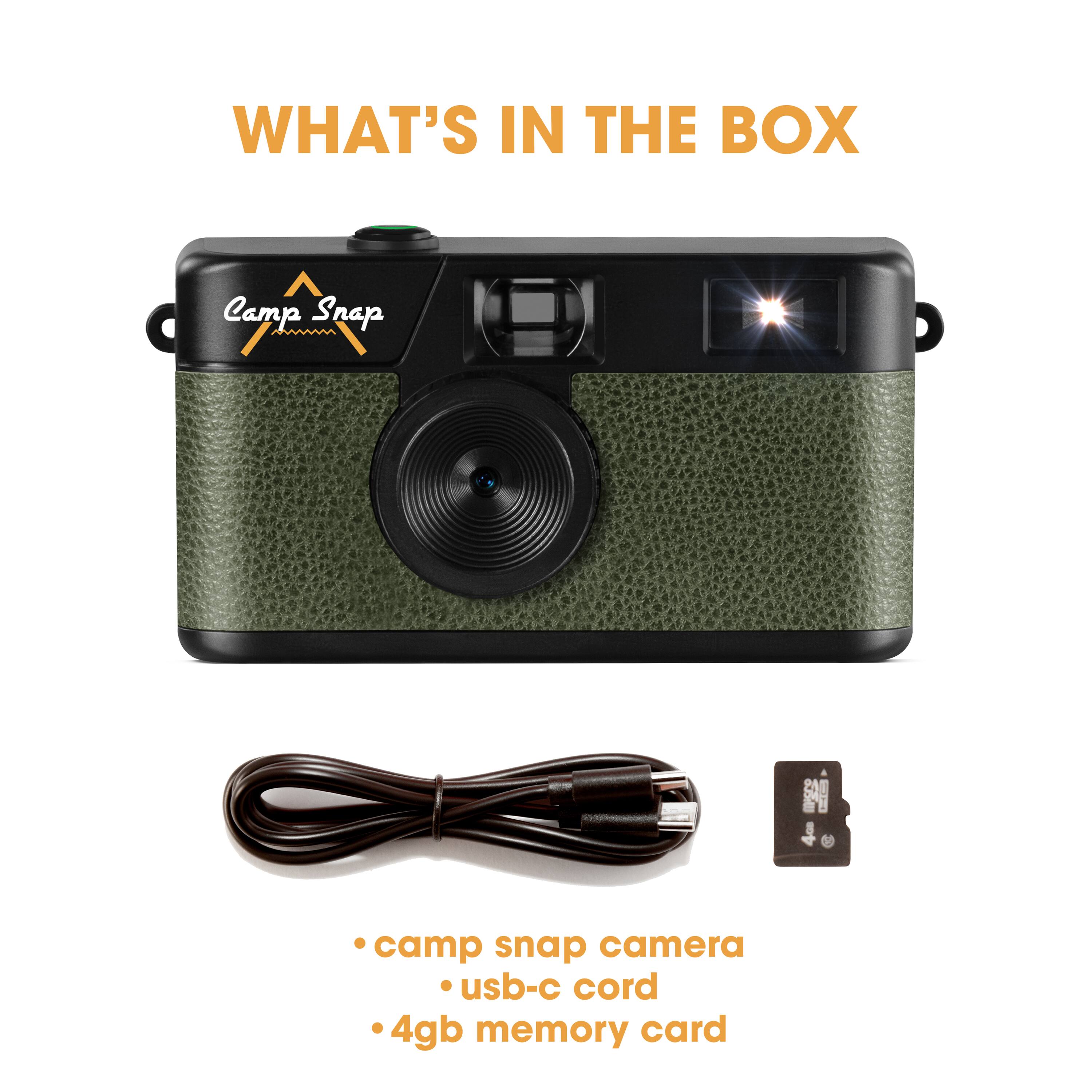 WHAT'S IN THE BOX

- camp snap camera
- usb-c cord
- 4gb memory card