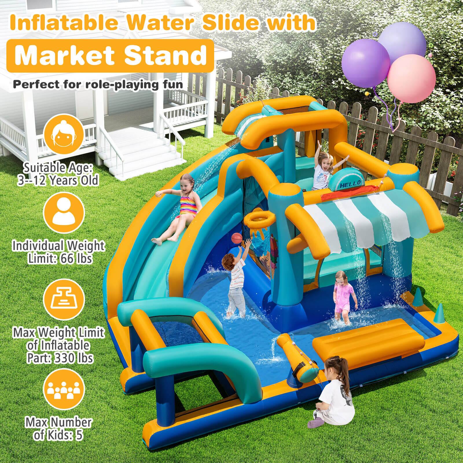 Inflatable Water Slide with Market Stand  
Perfect for role-playing fun  

Suitable Age: 3–12 Years Old  

Individual Weight Limit: 66 lbs  

Max Weight Limit of Inflatable Part: 330 lbs  

Max Number of Kids: 5