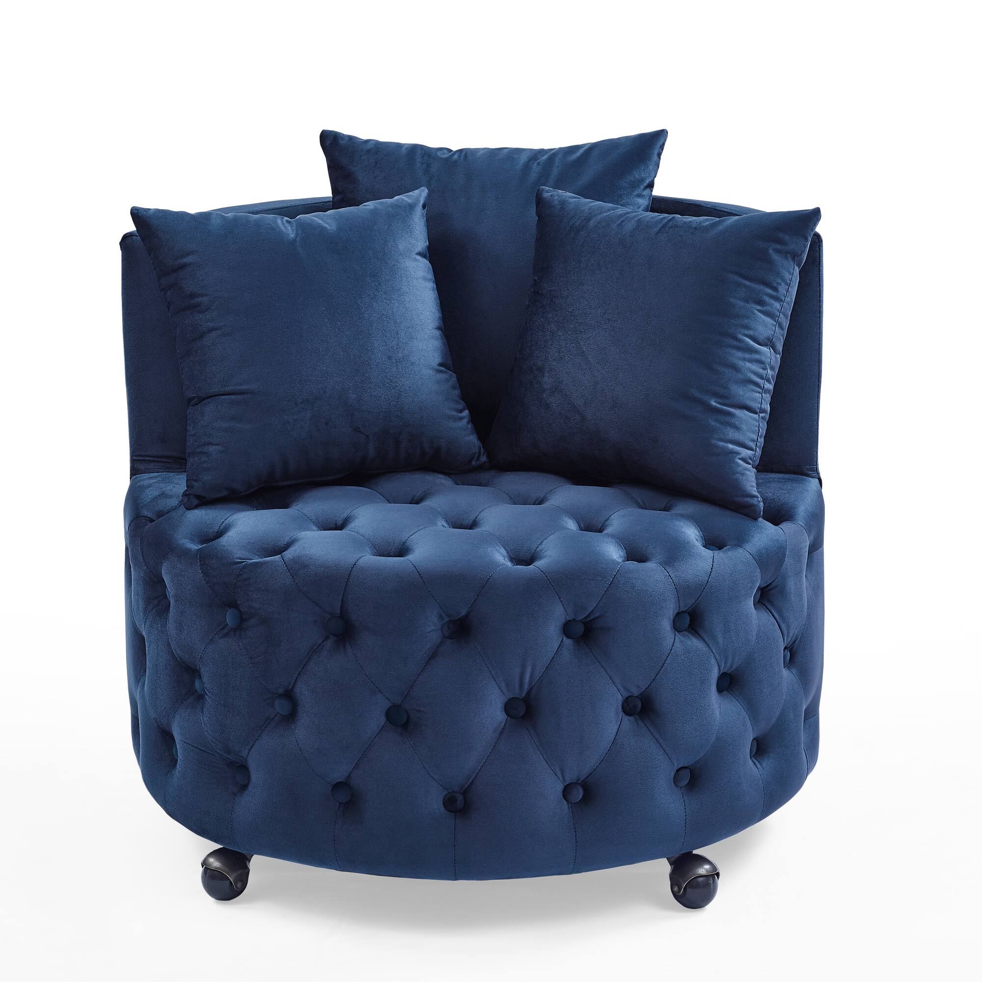 Alt View 1. Trinkets Crazed - Velvet Upholstered Swivel Chair for Living Room, with Button Tufted Design and Movable Wheels, Including 3 Pillows - Blue.