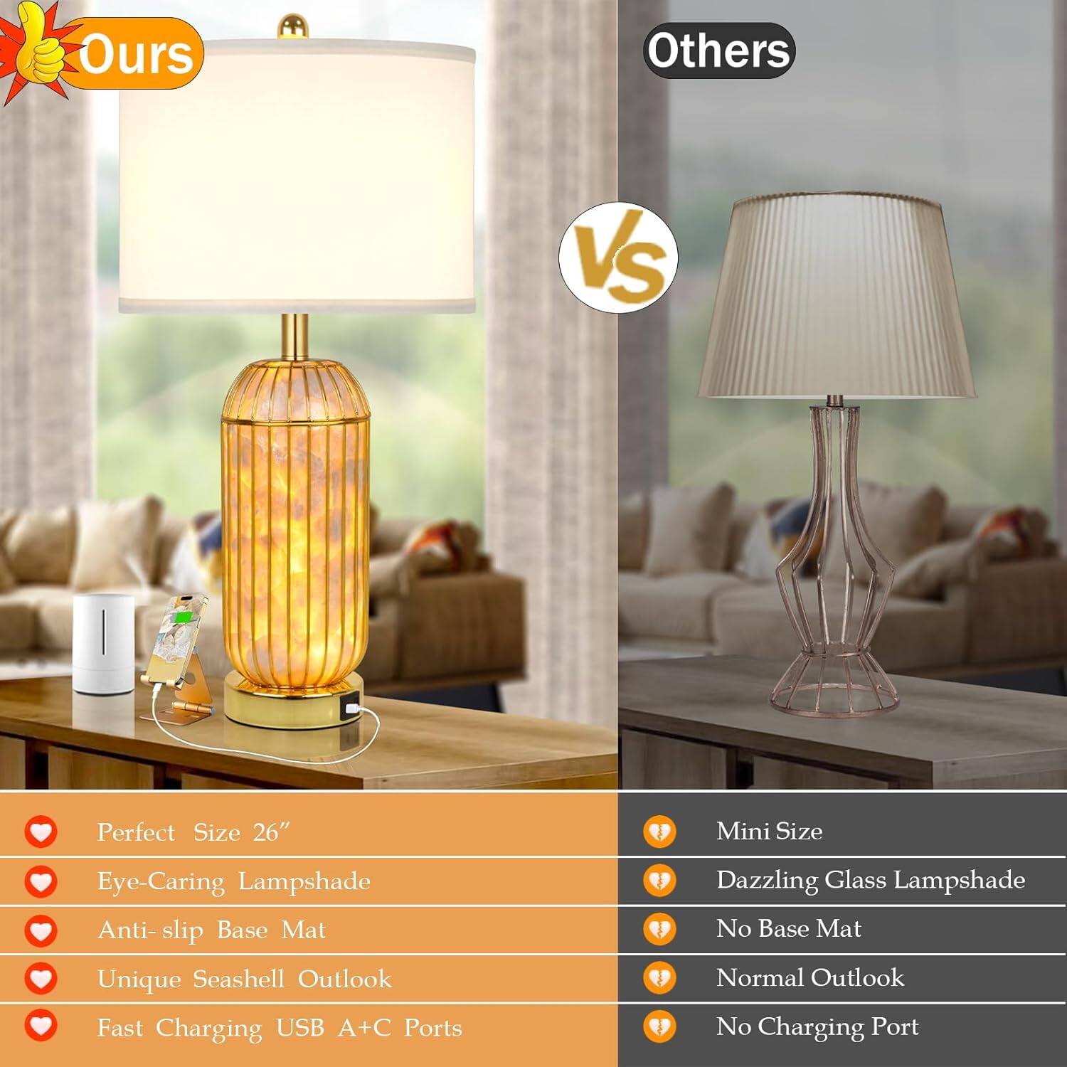 **Ours**

- Perfect Size 26"
- Eye-Caring Lampshade
- Anti-slip Base Mat
- Unique Seashell Outlook
- Fast Charging USB A+C Ports

**Others**

- Mini Size
- Dazzling Glass Lampshade
- No Base Mat
- Normal Outlook
- No Charging Port