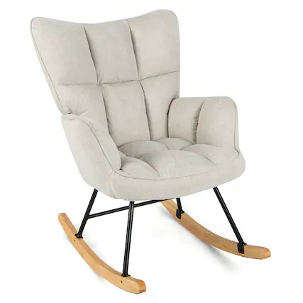 Front. Ecooso - Linen Nursery Rocking Chair with High Backrest and Padded Armrests for Comfort - White.